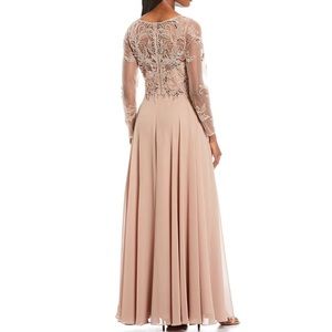 Xscape Dresses | Xscape Jewel Neck Long Sleeve Beaded Bodice Chiffon Gown | Color: Cream | Size: 14 | Shehollywoodnow's Closet